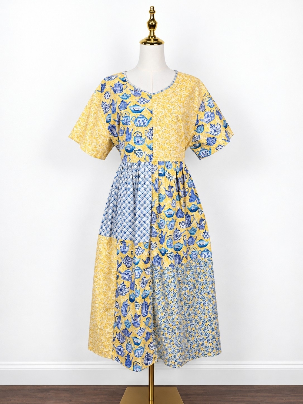 Vintage 90s Handmade Patchwork Teapot Midi Dress Cottagecore Prairie Large